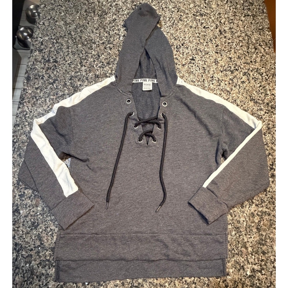 Victoria's Secret PINK Lace‎ Up Hoodie Gray White Stripe Logo Sweatshirt XS